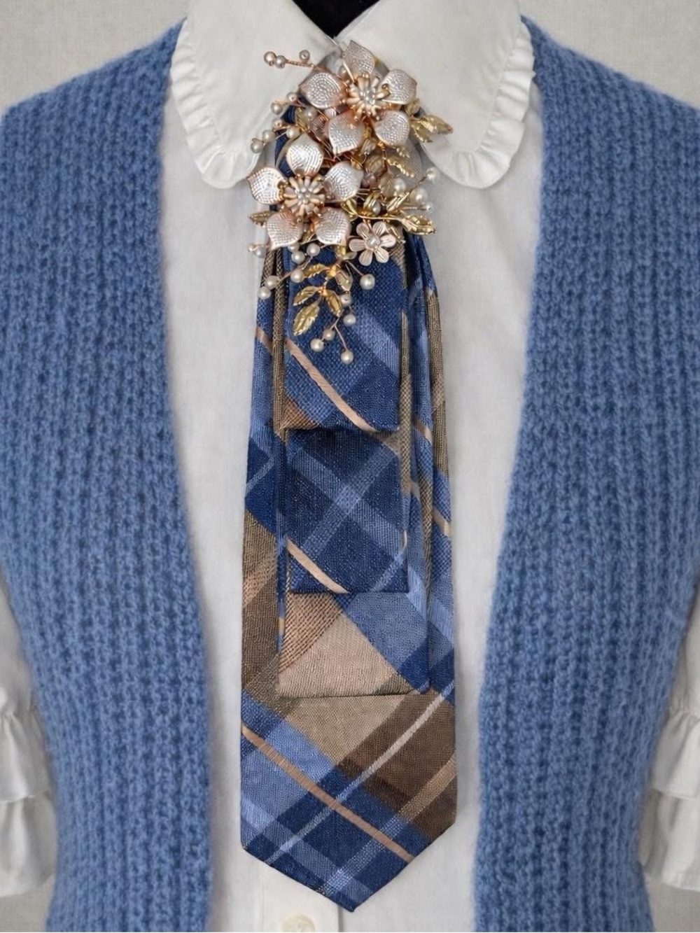 OOAK Handsewn Bespoke Necktie Necklace with Fabulous Brooch and Beaded Necklace